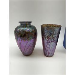 Two Art Glass Jonathan Harris vases, The first example of a baluster form, the second example of tapering cylindrical form,  each with iridescent decoration in tones of purple and blue, tallest example H18.5cm, each with makers box, together with a Isle of Wight glass paperweight. 