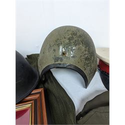 Royal Marine dress cap and two other military helmets, etc