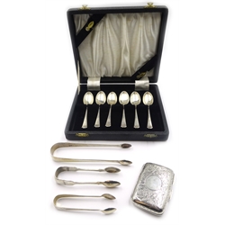  Late Victorian silver cheroot case Birmingham 1898, cased set of six Art Deco hallmarked coffee spoons, two pairs of Georgian sugar nips and another pair approx 6.5oz  