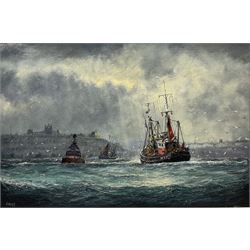Jack Rigg (British 1927-): Fishing Boats Returning to Whitby Harbour in Choppy Seas, oil on canvas signed 50cm x 75cm