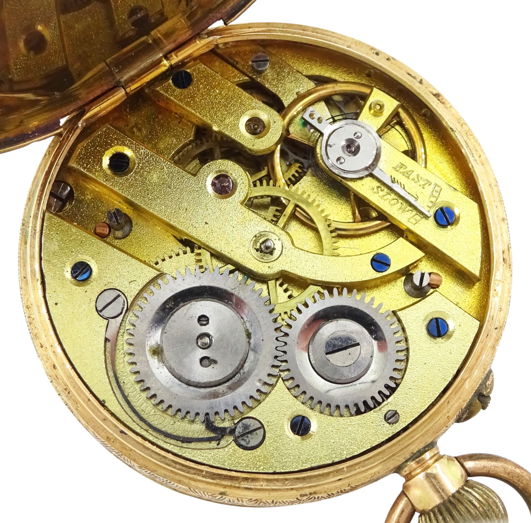 19th / early 20th century 14ct gold keyless cylinder fob watch, white dial with Roman numeral hour markers, back case with engraved foliate decoration, stamped K14 with squirrel hallmark, on gold T bar brooch