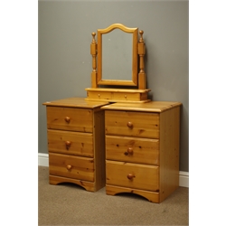  Pair pine three drawer bedside chests (W49cm, H68cm, D44cm), and a matching five drawer chest (W81cm, H107cm, D46cm), and a swing mirror with drawer  