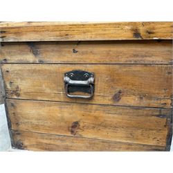 Victorian pine blanket box, hinged top, iron carrying handles