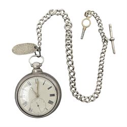 Victorian silver pair cased fusee lever pocket watch, No. 6765, cream enamel dial with Roman numerals, case makers mark R.S, Birmingham 1861, on silver Albert chain
