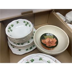 Moorcroft Hibiscus pattern trinket dish, together with Edinburgh Crystal wine glasses, Colclough ivy pattern tea and dinner wares etc, in three boxes 