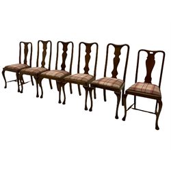 Mixed set of twelve early 20th century mahogany Queen Anne style dining chairs, all with shaped vase backs and cabriole front supports, matching drop-in seats upholstered in tartan patterned fabric