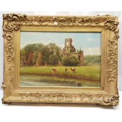 G Mellors (Britsh 19th/20th century): Cattle at Kirkstall Abbey, oil on canvas signed and dated 1912, 29cm x 43cm