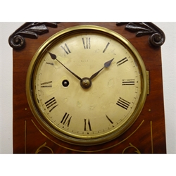  19th century brass inlaid dome top mahogany bracket clock, convex Roman dial with single fusee movement, brass handles, bezel and feet, H33cm  
