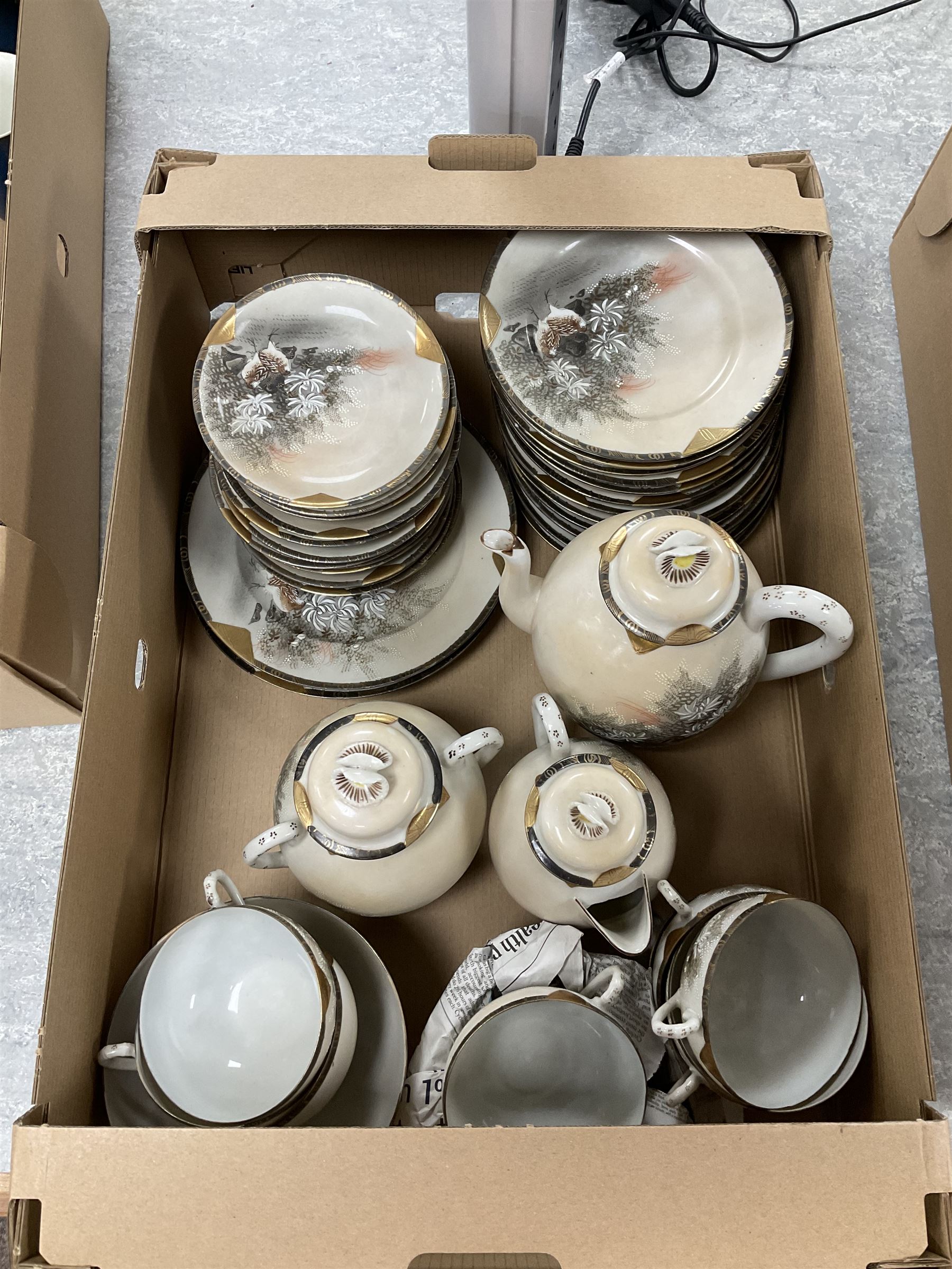 Collection of Japanese Kutani Eggshell tea service components, together with a large collection of blue and white ceramics including Heineken Delft Blue hand-painted tankard, Royal Goedewaagen Blue Delft decanter bottle and Elesva Holland jar