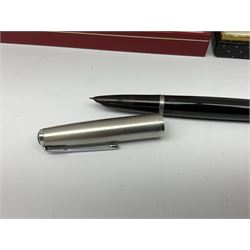 Six fountain pens with gold nibs to include Sheaffer, Macniven & Cameron Ltd and Conway examples, together with four other fountain pens including a boxed Parker pen and a boxed Sheaffer pen in black case with chevron pattern detail