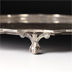 Square silver salver with canted corners and raised border on claw and ball feet 25cm London 1934 Maker Searle & Co Ltd