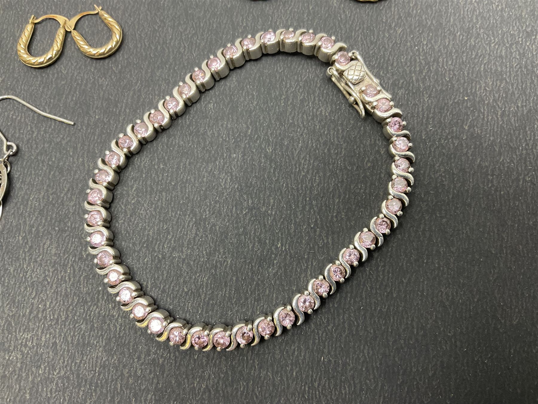9ct gold hoop earrings and silver jewellery including bangle, stone set bracelet and earrings