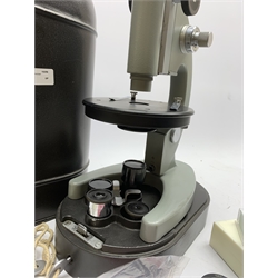 20th century Russian biological simplified monocular microscope, black and grey metal with rack and pinion focusing, in metal case with two additional lenses, instructions dated 1978 etc H34cm