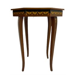 Victorian walnut occasional table with rectangular top (63cm x 47cm, H66cm), 20th century circular occasional table, circular brass tray with embossed decoration, small inlaid occasional work table with fitted interior, and a 20th century barley twist occasional table (4)
