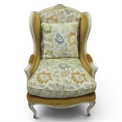 Pair of Louis the XV design white painted armchairs, upholstered in gold fabric with beige floral tapestry back and cushions