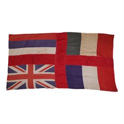 Four large linen ship's flags, including Red Ensign, Union Jack, White Ensign and one other, Red Ensign H140cm,W260cm