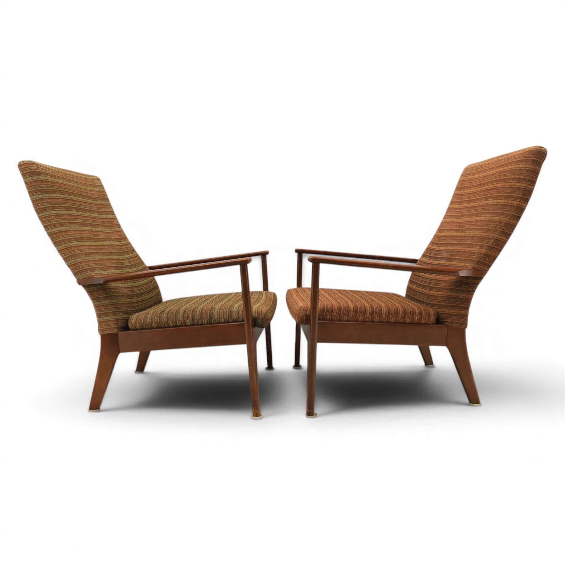 Parker Knoll - 'PK 988' open armchair, with teak frame, upholstered in a striped fabric, raised on tapering supports, the loose seat cushion supported on elasticated webbing 