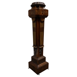 Late Victorian rosewood torchere, with carved and gilt decoration, fluted tapering column, stepped moulded plinth base, plaque underneath 'Urquhart & Adamson, Liverpool', hand written 'Mr. Jacobs', D26cm, H107cm  