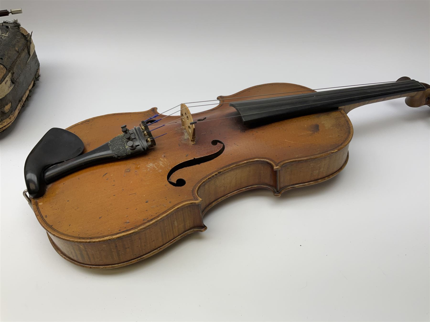 French Mirecourt violin c1920s with 36cm one-piece maple back and ribs and spruce top, labelled Jermone Thibouville-Lamy, L59cm, in fitted carrying case with German bow and 1984 valuation certificate by Frome Valley Music
