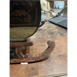 Unusual 18th century small Northern European wooden sled, with curved scroll back, the sides painted with coastal shipping scenes, the interior with removable zinc liner, upon curved irons painted with flower heads, H36cm W56cm D29cm