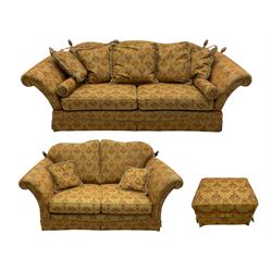 Three seat traditional design drop arm Knoll type sofa, and matching two seat sofa with footstool