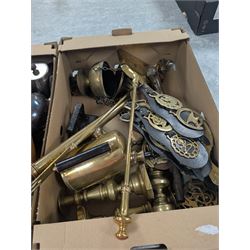 Collection of silver plate and brassware, including canteen of cutlery, horse brasses, candlesticks, teapots etc