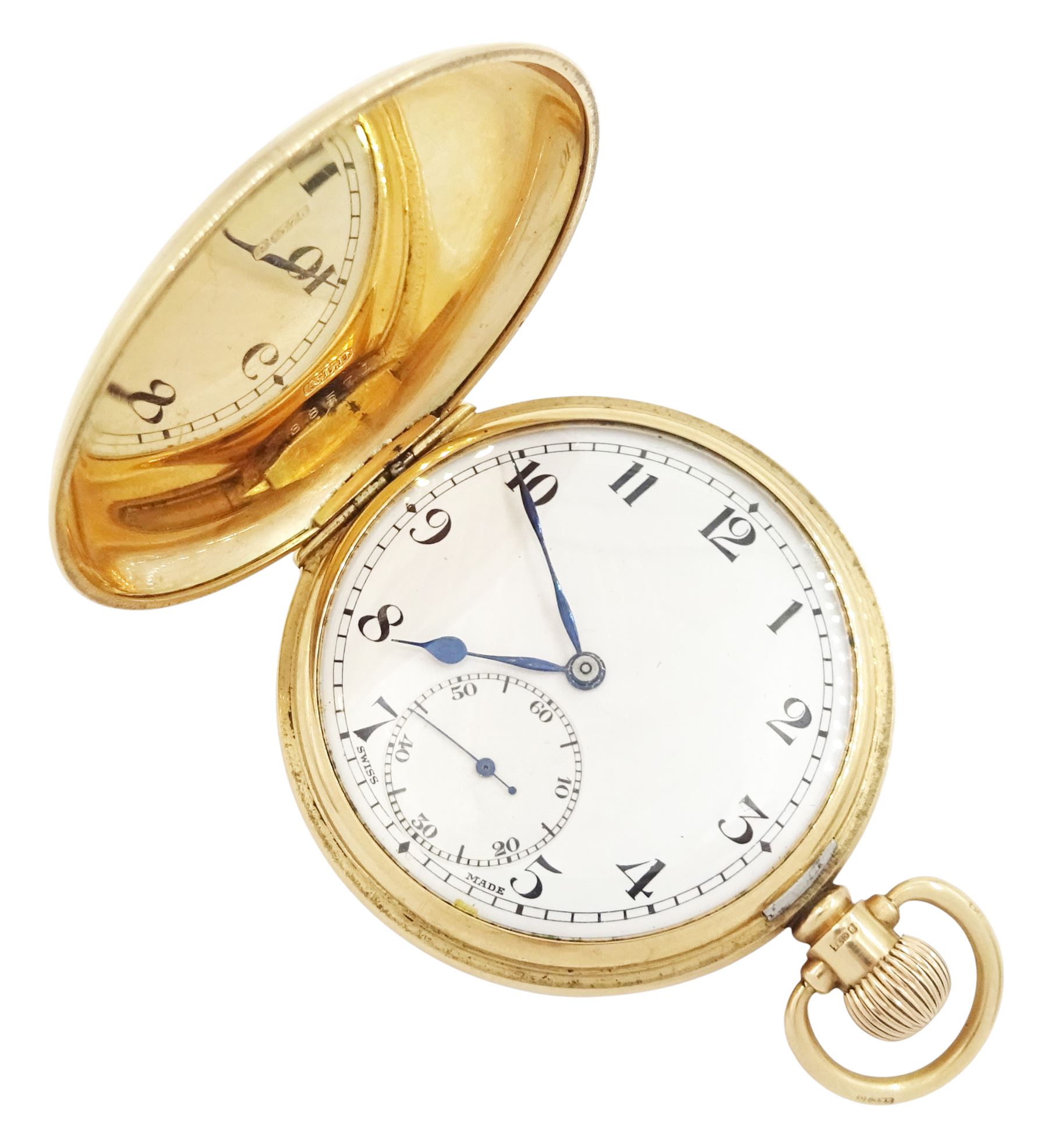 Early 20th century 9ct gold full hunter keyless lever pocket watch, white enamel dial with Roman numeral hour markers and subsidiary seconds dial, case by Aaron Lufkin Dennison, Birmingham 1927