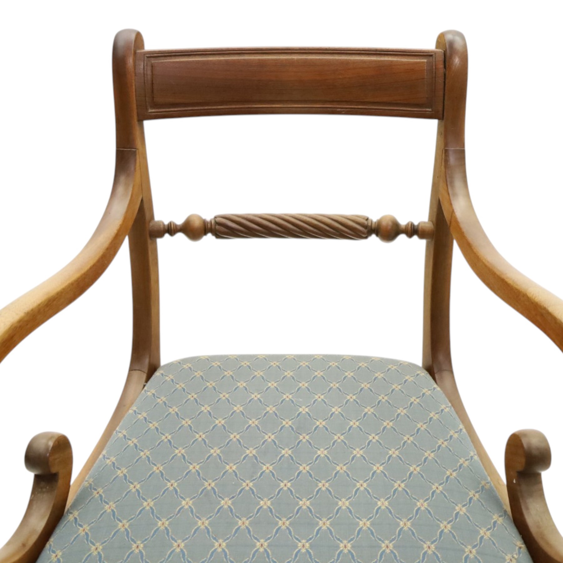 19th century mahogany extending dining table, rectangular top with rounded corners raised on turned and fluted supports with brass cups and castors, with two additional leaves; with set of eight (6+2) Regency design mahogany dining chairs, spiral-reeded back-bar over drop-in seats and sabre supports (W54cm H85cm)