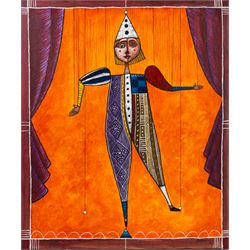 Terry Durham (British 1936-2013): 'The Marionette - He Is Free', acrylic on canvas signed titled and dated '02, Man with Pipe and Two Dogs, watercolour on canvas laid onto board signed, and 'Tinker - Tailor', collection of eight prints unsigned max 60cm x 50cm (11) (mostly unframed)