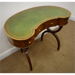 Regency style kidney shaped inlaid mahogany desk, single drawers, 'X' framed supports, W95cm, H74cm, D60cm  