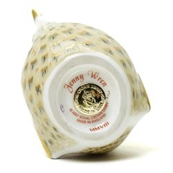 Four Royal Crown derby paperweight comprising Farmyard Cockerel 4504/5000, Farmyard Hen 4115/5000, both boxed and with certificates, Golden Carp and Jenny Wren, all with gold stoppers (4)