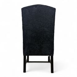 Oka - Pair of contemporary upholstered wingback armchairs, in black and blue textured velvet effect fabric, with tall scroll wing sides and square tapered legs joined by stretchers