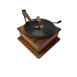 Early 20th century oak cased gramophone, the motor marked 'Garrard No.20 REF No.1030', with ribbed oak horn, base 30cm square; with one 78rpm record and Columbia tin of needles