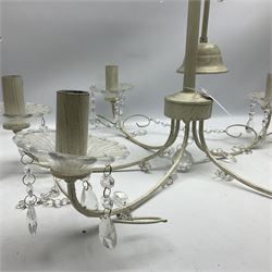 Five branched chandelier with droplet details, together with a similar three branches chandelier 