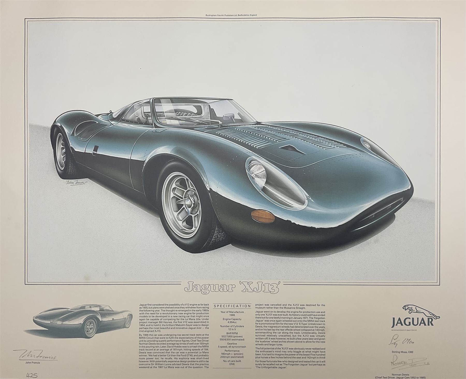 Three limited edition Jaguar prints with certificates, 'Jaguar E-Type' numbered 037, 'Jaguar D-Type' numbered 425, and 'Jaguar XJ13' numbered 425, signed Stirling Moss, Norman Dewis and John Francis and numbered in pencil unframed 47cm x 61cm
