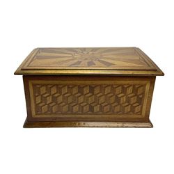 19th Century mahogany and parquetry box of rectangular form, geometric cube design, with a stylised sun detail to the hinged cover, opening to reveal three compartments, L33cm D21cm H16cm
