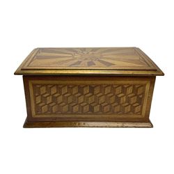 19th Century mahogany and parquetry box of rectangular form, geometric cube design, with a stylised sun detail to the hinged cover, opening to reveal three compartments, L33cm D21cm H16cm
