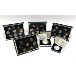 Five Royal Mint United Kingdom proof coin collections dated 1983, 1984, 1985 and 1986, all in blue folders with certificates, silver proof 1981 crown and a sterling silver medal 'Commemorating the marriage of HRH Prince Andrew and Miss Sarah Ferguson at Westminster Abbey 23 July 1986' weighing 37 grams, both cased with certificates (6)