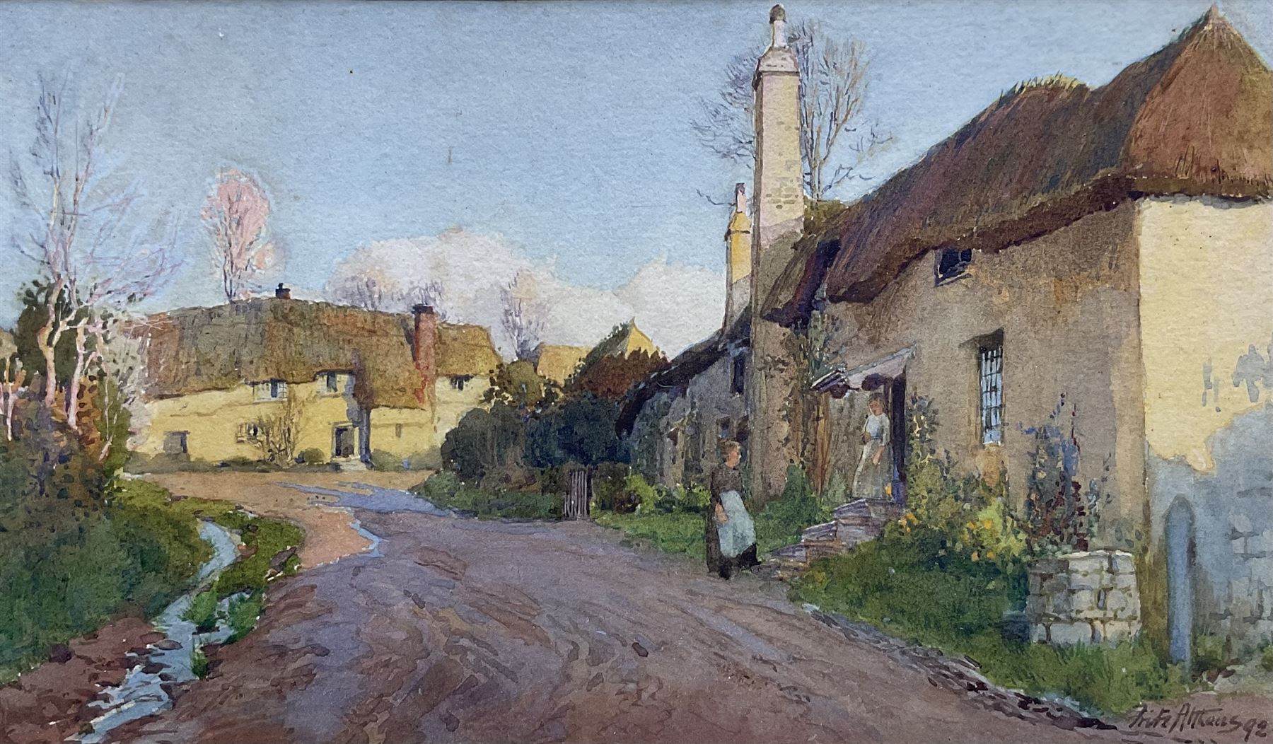 Fritz B Althaus (British 1863-1962): Village Street in the Late Sun, watercolour signed and dated '92, 11cm x 19cm