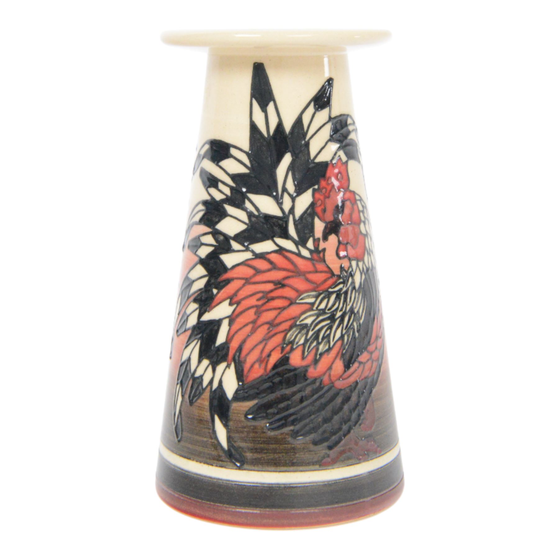 Dennis Chinaworks, Cockerels vase, by Sally Tuffin, signed, flared cylindrical form decorated with cockerels on a white and black ground, signed with printed marks beneath, H17cm