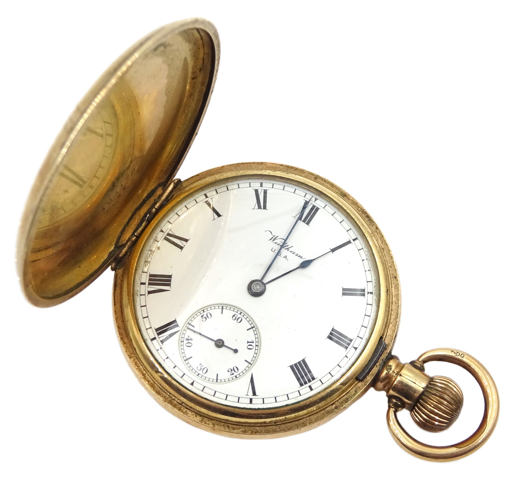 Gold plated Waltham Traveler full hunter keyless lever pocket watch, No. 17654125, white enamel dial with Roman numerals, boxed