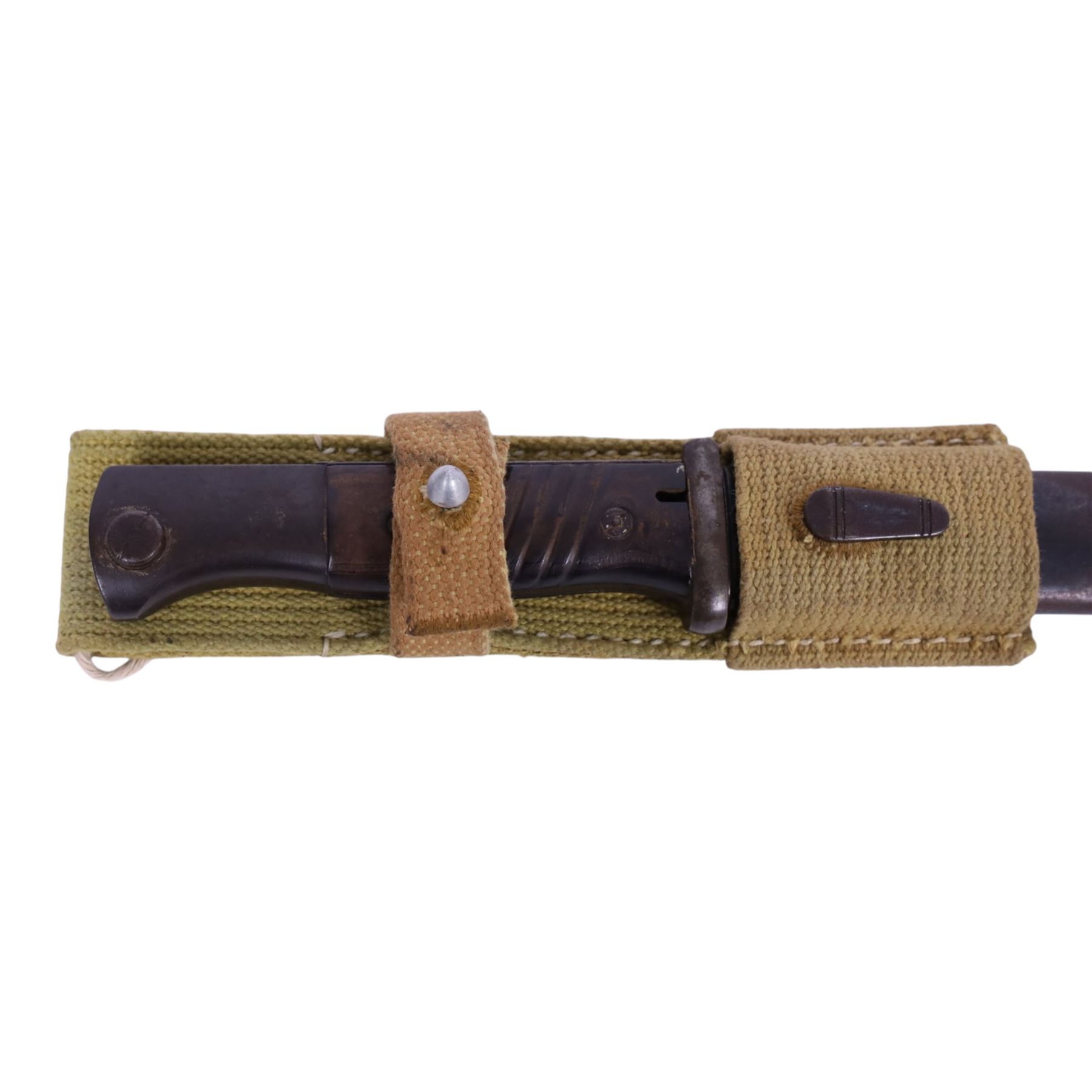 WWII German Third Reich K-98 bayonet North African Corps, marked 42ffe, 6026 to the  ricasso, in steel scabbard and webbing frog, L42cm