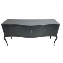 French design grey painted teak serpentine sideboard, the shaped front fitted with central double cupboard flanked by two single cupboards, each concealing drawer, on cabriole supports