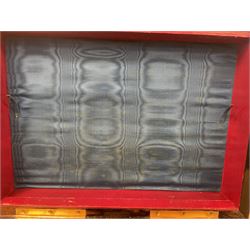 19th century walnut and brass bound games compendium box, painted to enhance the grain, of rectangular form, the hinged opening cover with rounded sides, central brass cartouche with engraved lion crest, and brass riveted straps, opening to reveal a red leather and blue silk lined compartmented interior, with fold-down games board, and lift-out tray containing playing cards, ebony turned dice towers, white and red stained bone draughts, and chess pieces, ivory dice, and ivory and ebony whist markers, and brass bezique board, cribbage board and markers, H15cm W32cm D24cm
This lot has been registered for sale under Section 10 of the APHA Ivory Act