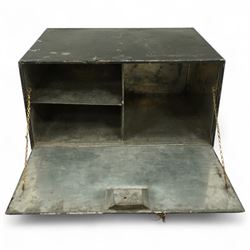 19th-century painted steel document box, front opening with shelf and side-mounted carrying handles, with maker's stamp for John Kelly & Son, Edinburgh, painted in gold lettering, 