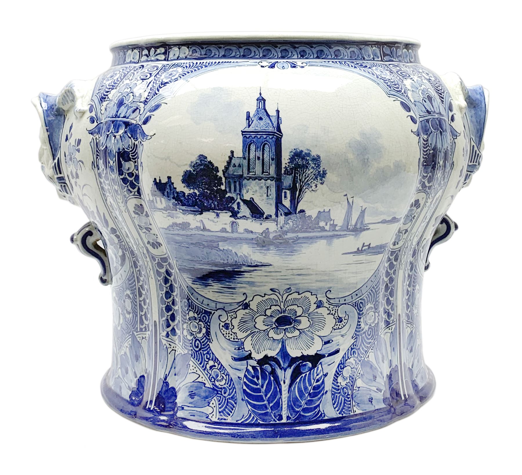 Large 20th century Delft blue and white jardinière, of baluster form with twin zoomorphic mask lug handles, decorated with hand painted panels of waterside scenes, within foliate surround, impressed and painted marks beneath for De Porceleyne Fles workshop, Delft, H35cm, rim D32