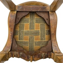 Pair of Victorian walnut side chairs, shaped cresting rail carved with acanthus leaves, overstuffed upholstered seats with stud band, on cabriole supports with scroll carved terminals