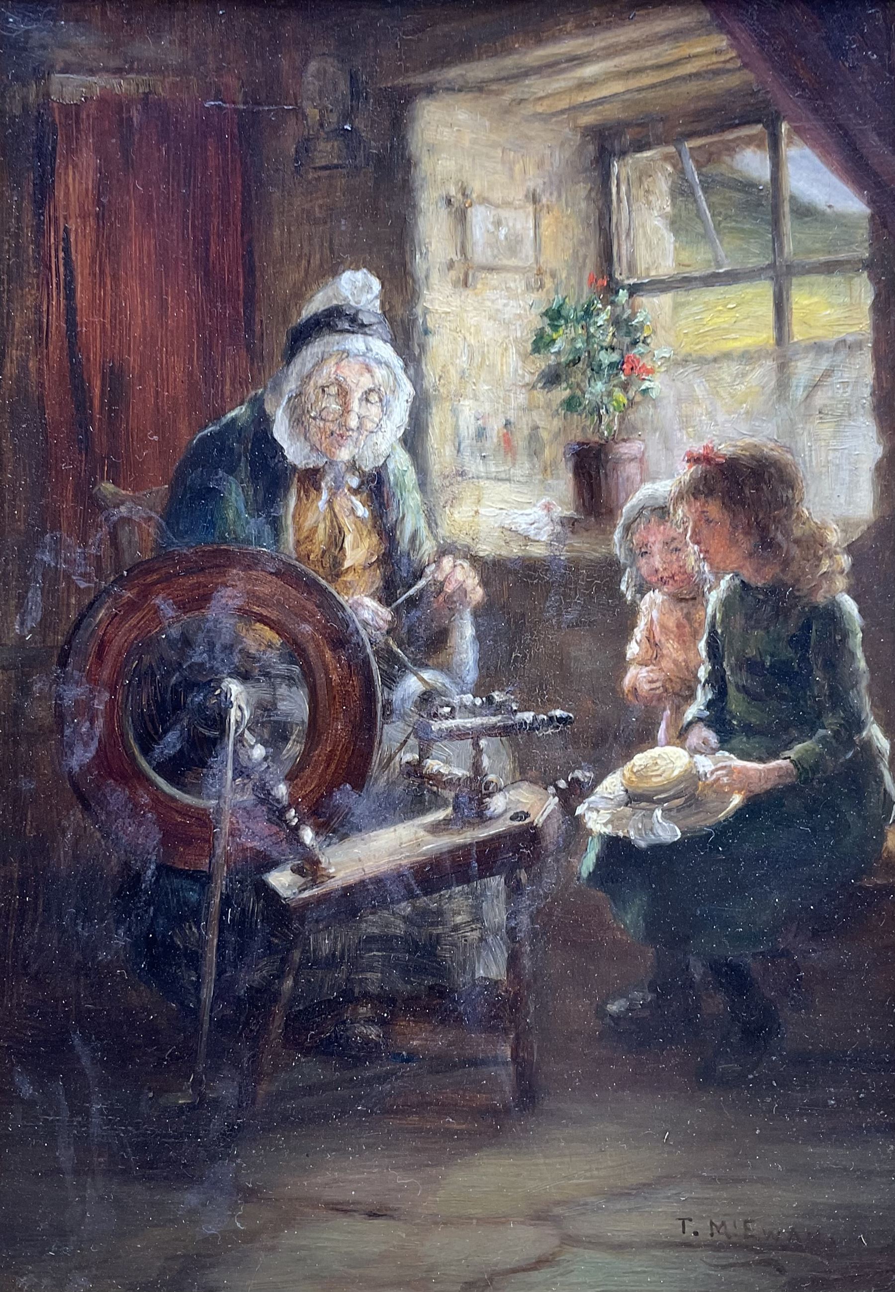 Tom McEwan (Scottish 1846-1914): 'The Spinning Wheel', oil on board signed and titled on mount, dated 1907 verso 25cm x 18cm 