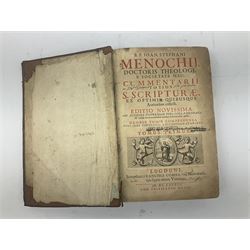 Sancti Gregorii Magni Papae Primi Opera , Sixti V Pont Max Iussu .... 1640 Paris. Two volumes in one with engraved galleon to each title page; R.P. Joan. Stephani Menochij Doctoris Theologi E Societate Jesu .... Editio Novissima .... Tomus Primus. 1683 Lugduni Francisci Comba; and two other similar leather bound folio volumes lacking title pages (4)