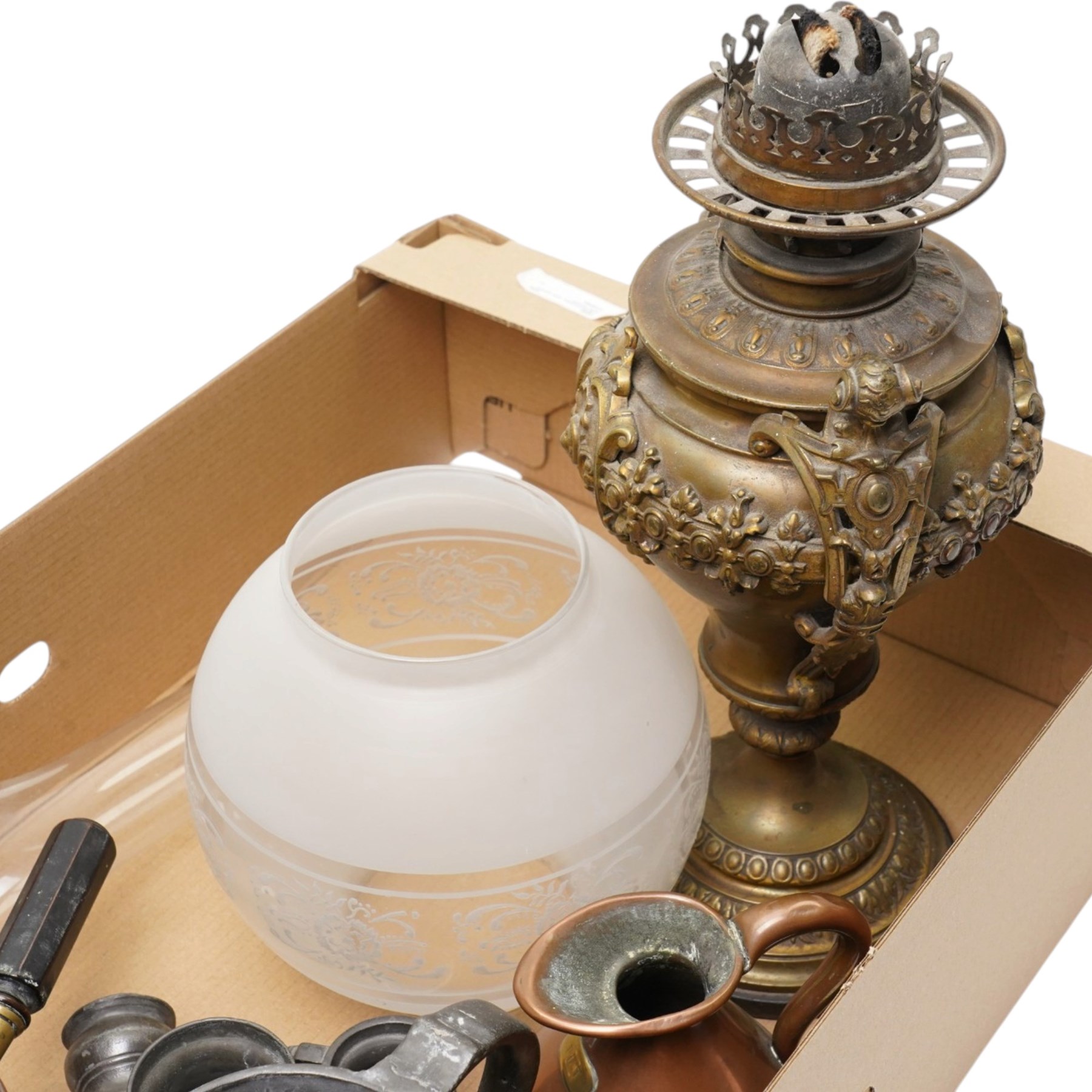 Collection of metalware, including various pewter measures copper measure, oil lamp, etc